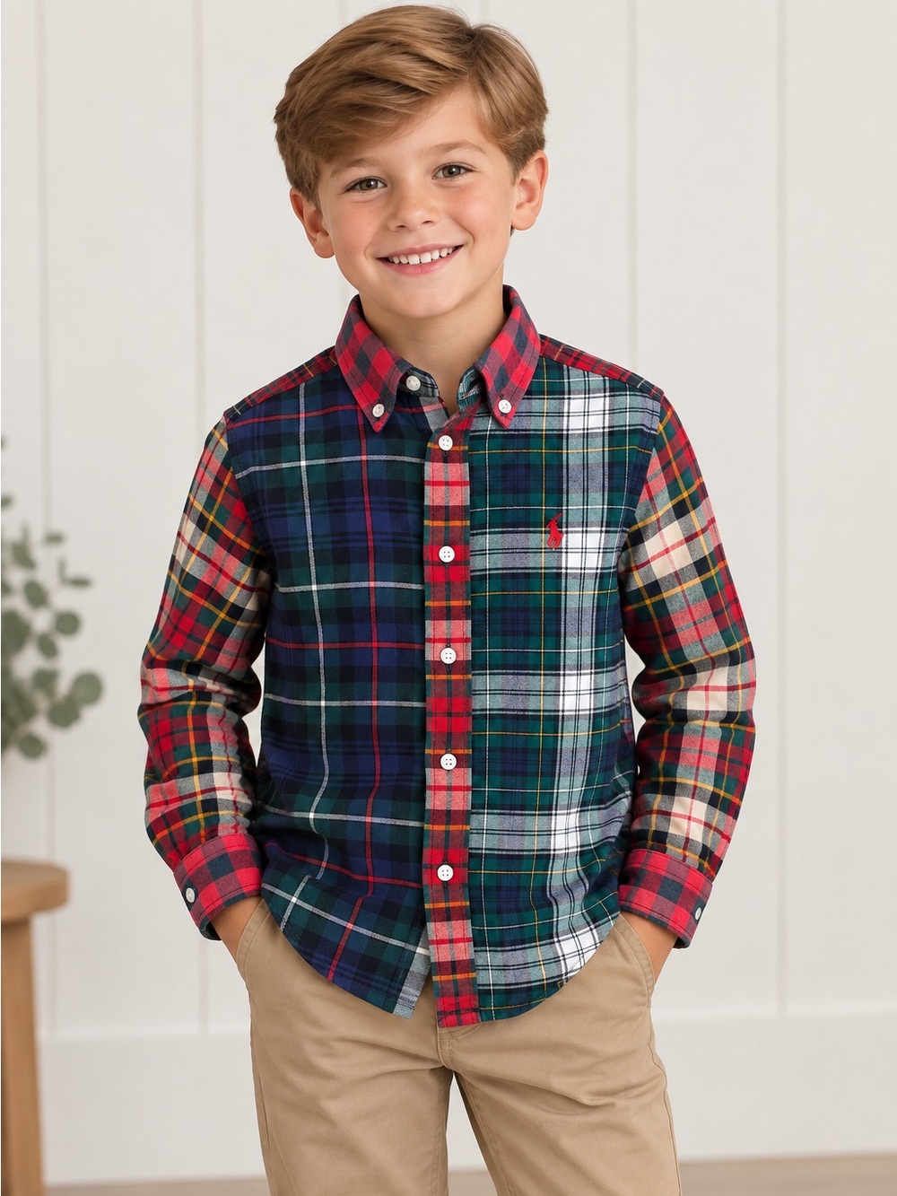 Ralph Lauren Boys Size 6 Patchwork Plaid Button Down Shirt Multicolor